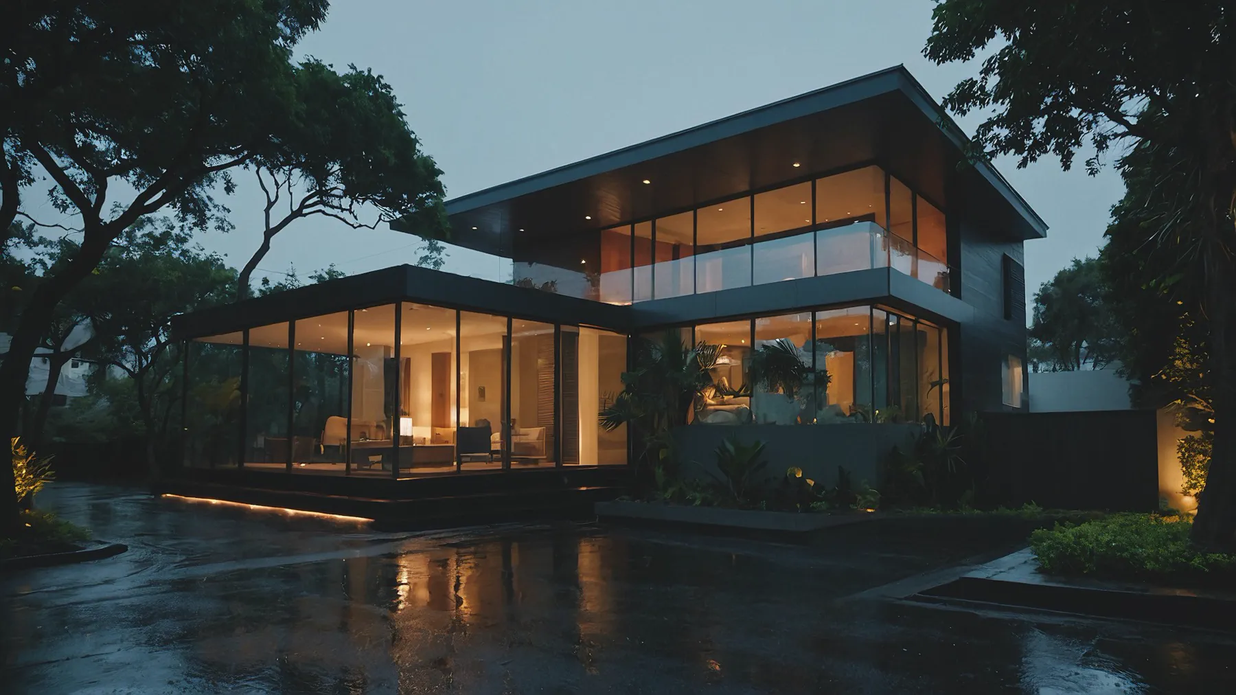 A modern glass house lit from within at blue hour, seen across a wet drive