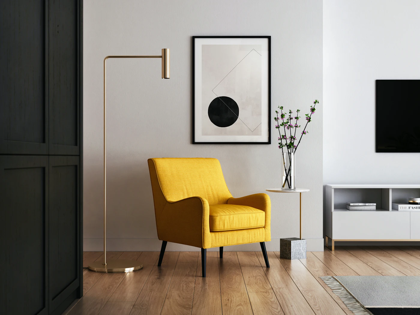Dark panelled living wall with a yellow armchair and a floor lamp