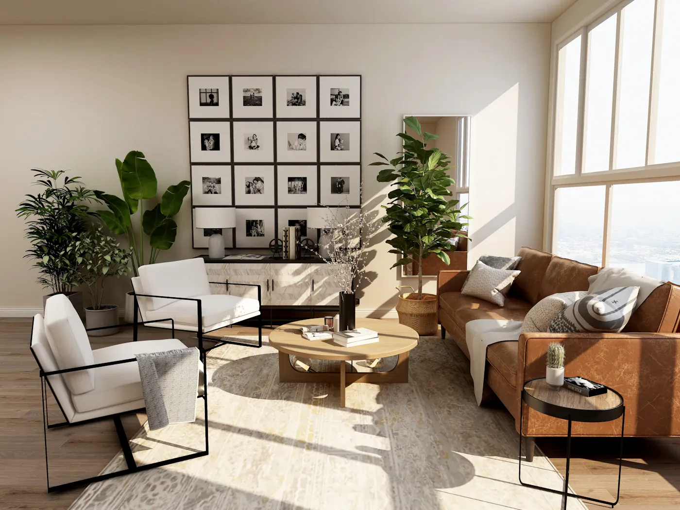 Double-height living room with tall windows and two leather sofas