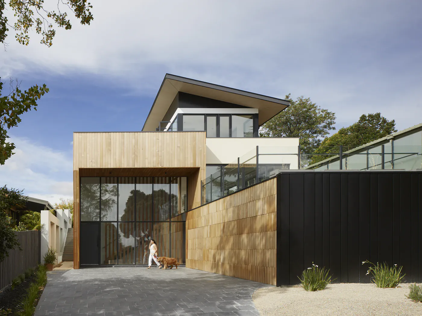 The house from the street, dark timber cladding against white render