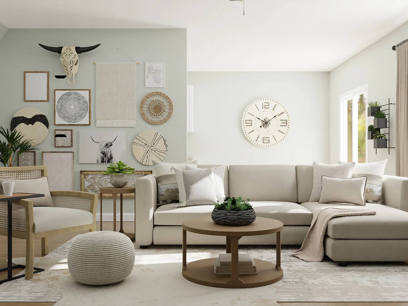 Living room in desert neutrals with a mounted skull above the console