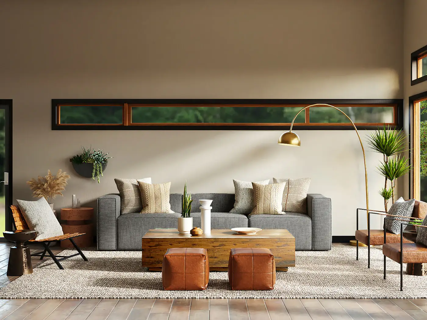 Sitting room with mid-century chairs and a long low sideboard